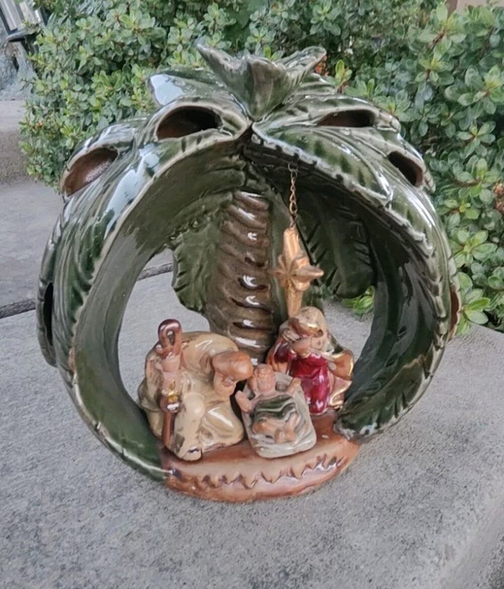 Vintage Nativity Palm Tree Ceramic Christmas Votive Decor